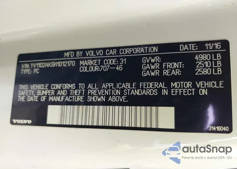 2017 Volvo S90 T5 Momentum z USA, uszkodzony, nr VIN YV1102AK6H1012170